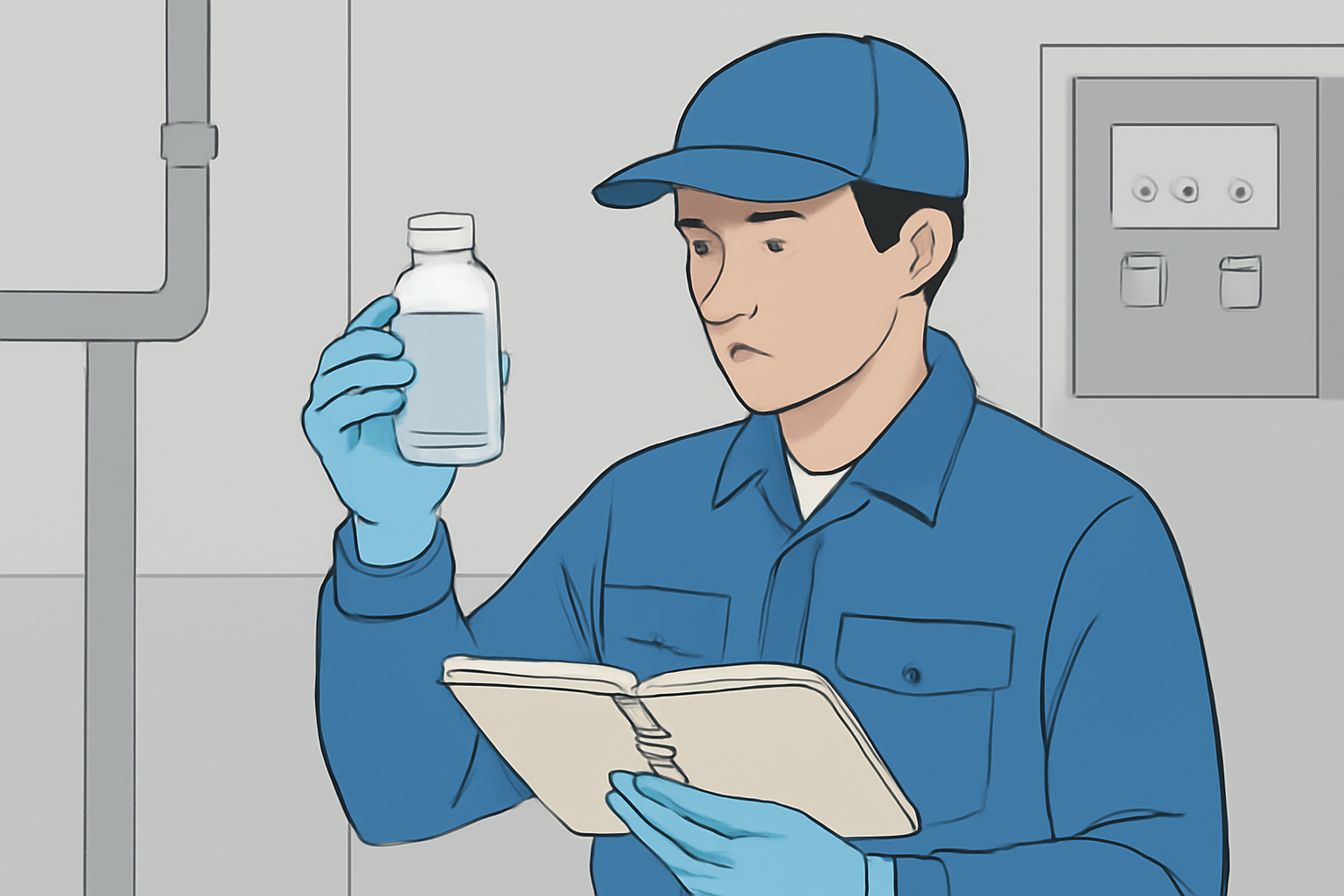 Illustration d’une personne en tenue de travail examinant un échantillon d’eau à côté d’un carnet, dans un espace technique neutre, sans marque ni texte.