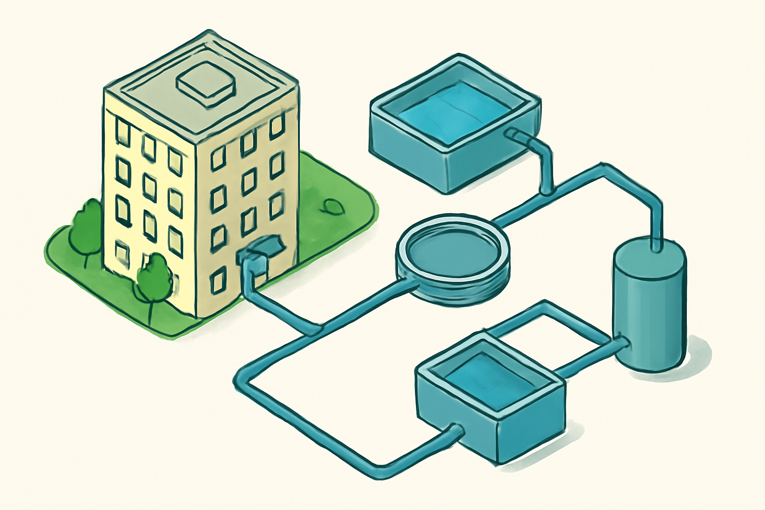 Illustration en vue plongeante d’un hôtel et de son espace technique reliés par un parcours schématique de traitement de l’eau, sans étiquettes, logo ni texte.