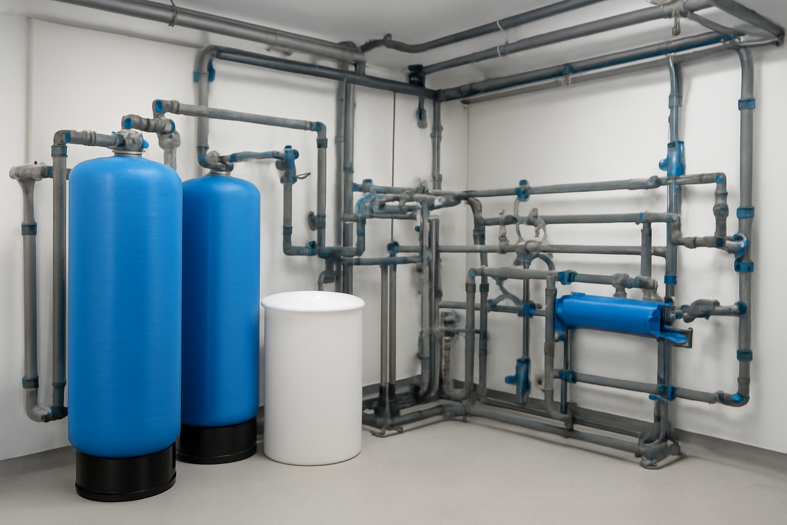 Illustration d’une installation de traitement de l’eau pour un hôtel, avec cuves, filtres et conduites agencés dans un local technique propre, sans logo ni texte.